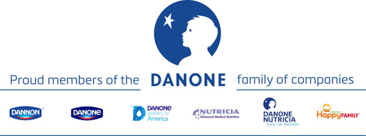 Horizontal banner with the Danone logo and text, Proud members of the Danone family of companies and then a line. Under the line are the logos for Dannon, Danone, Danone Waters of America, Nutricia Advanced Medical Nutrition, Danone Nutricia Early Life Nutrition, and Happy Family